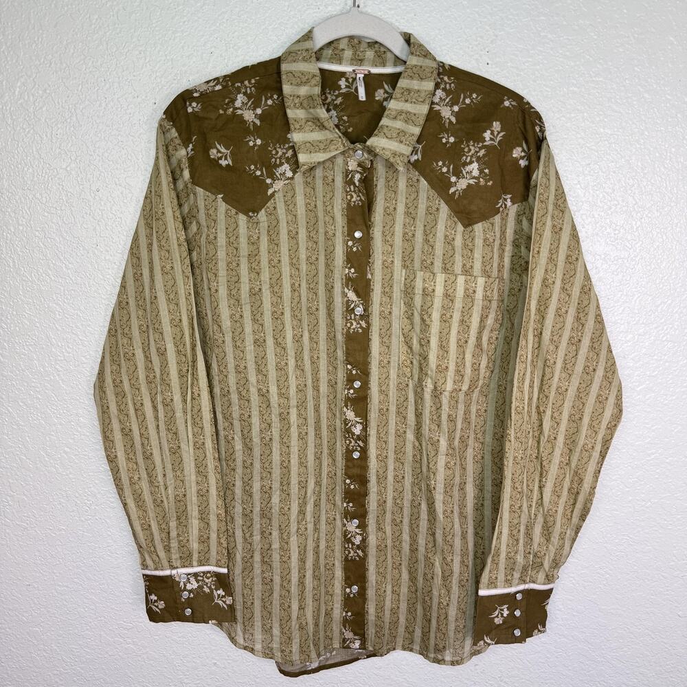 Free People Top Women Medium Floral Stripe Western Snap Button Up Shirt Boho
